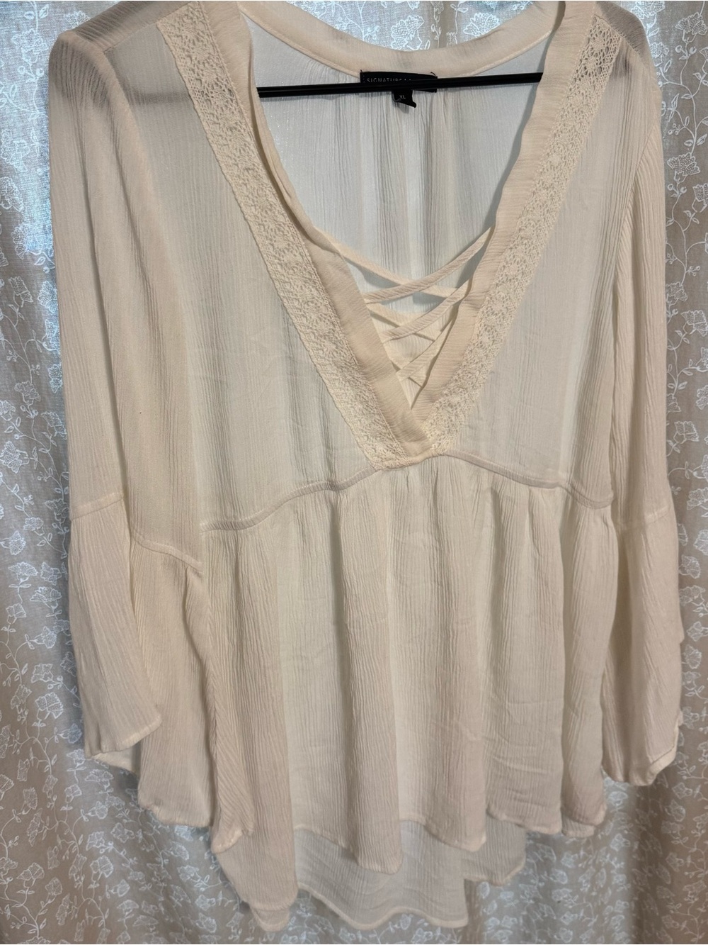 SIGNATURE STUDIO Boho Lace Up Babydoll Dress Cream XL Bell Sleeve Gauze Mini